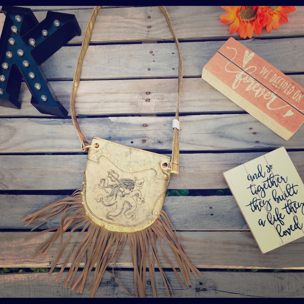 Fringed Crossbody Bag in Gold and Tan